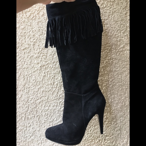 Suede Knee high fringe boots Sz 10 - Picture 1 of 7